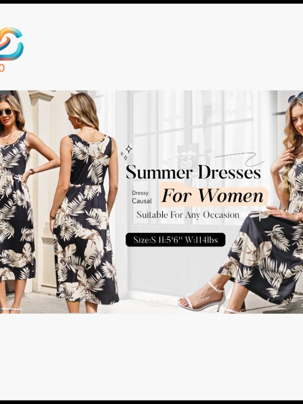 Flowy Midi Dress with Pockets, Casual Summer Vacation Sundress - Picture 6 of 7